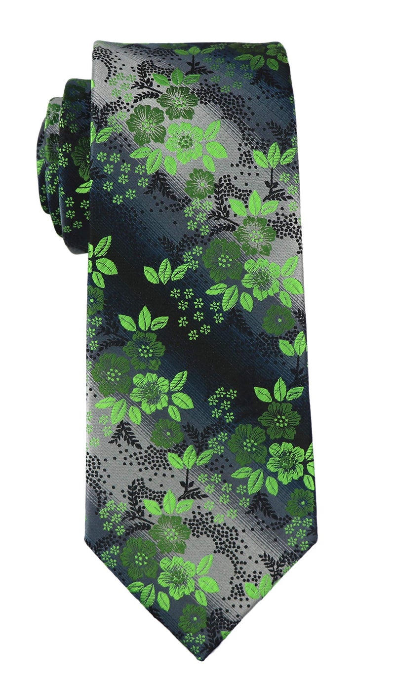 Secdtie Mens Bright Green Silver Black Tie Woven Silk Microfiber Paisley Necktie - Image 3